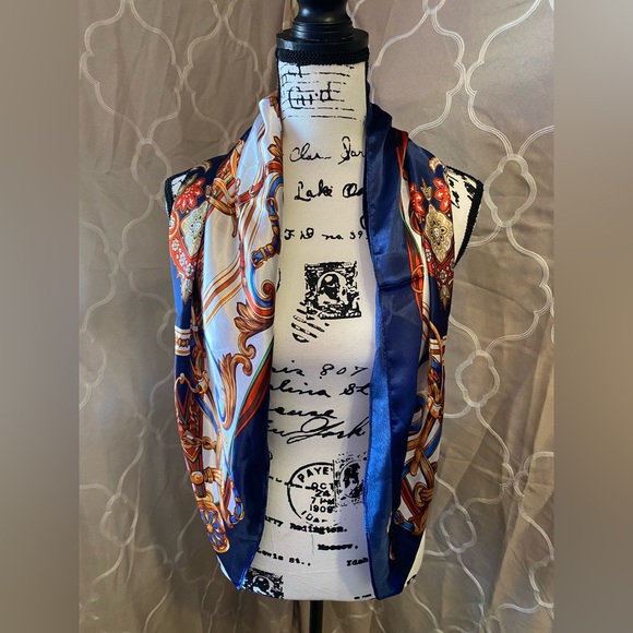 Large Vintage Square Silky Scarf w/ Blue, Pink & Gold Designs - Picture 3 of 7